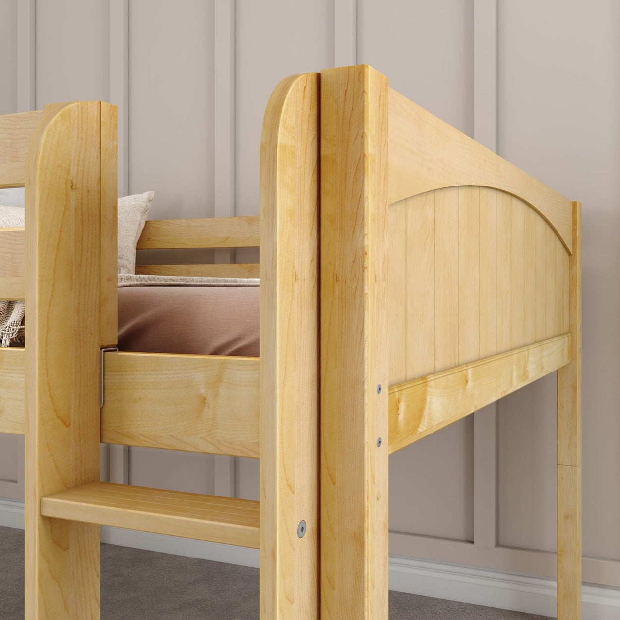 Wooden bunk bed frame with ladder against beige wall, perfect for maximizing space in children's bedrooms.