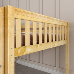 Wooden bunk bed with natural finish against a paneled wall.