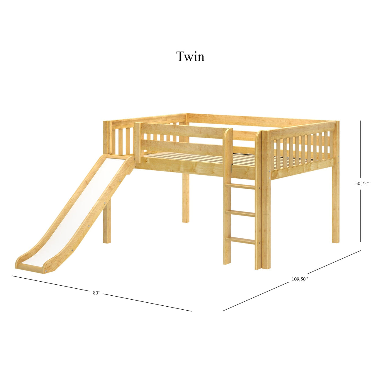 Wooden twin loft bed with slide and ladder, dimensions 109.5" x 80" x 50.75", perfect for kids' bedroom furniture.