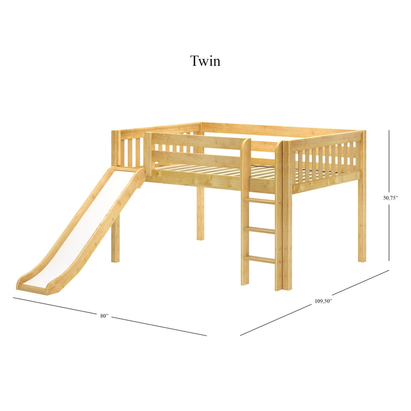 Twin loft bed with slide and ladder in natural solid wood, children's bunk-style bed, dimensions 80 in × 109.5 in × 50.75 in