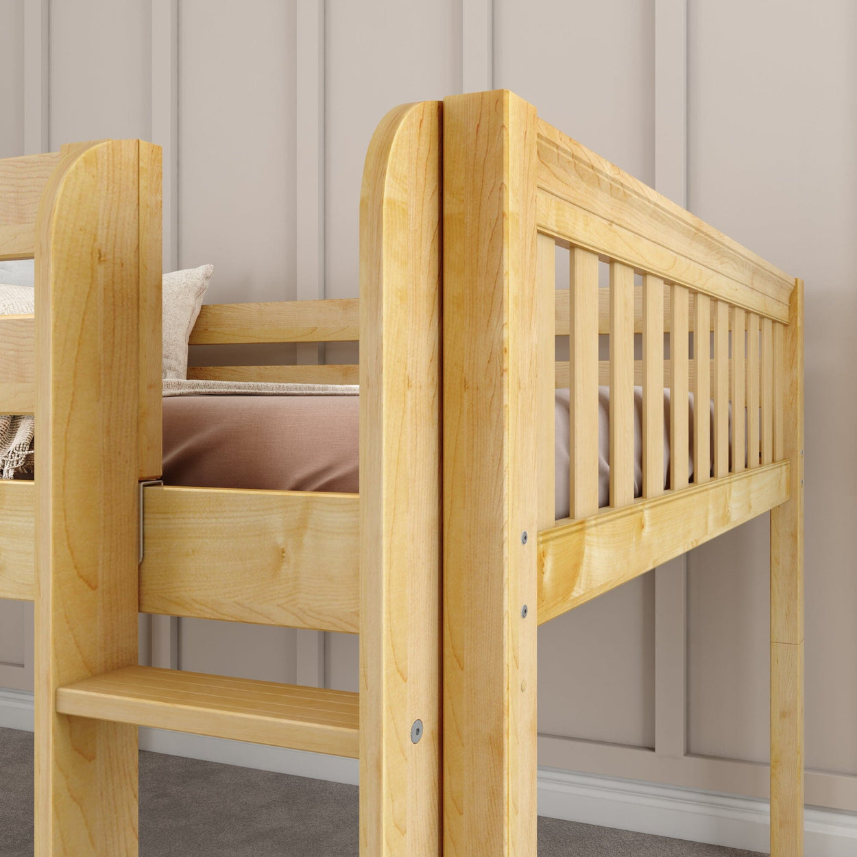 Wooden bunk bed frame with ladder in modern bedroom setting.