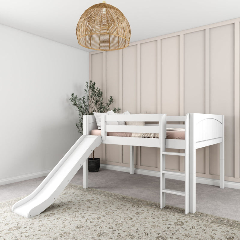 White children's loft bed with slide in a neutral nursery, soft pink bedding, board-and-batten wall paneling, rattan pendant light and indoor plant