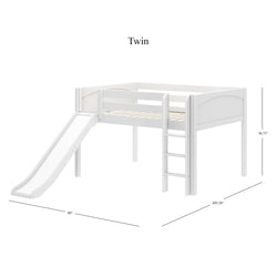 White twin loft bed with slide and ladder, dimensions 80" x 109.5" x 50.75".
