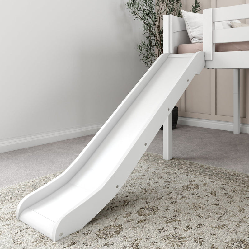 White wooden children's loft bed with slide in modern neutral kids' bedroom featuring beige rug and decorative potted plant