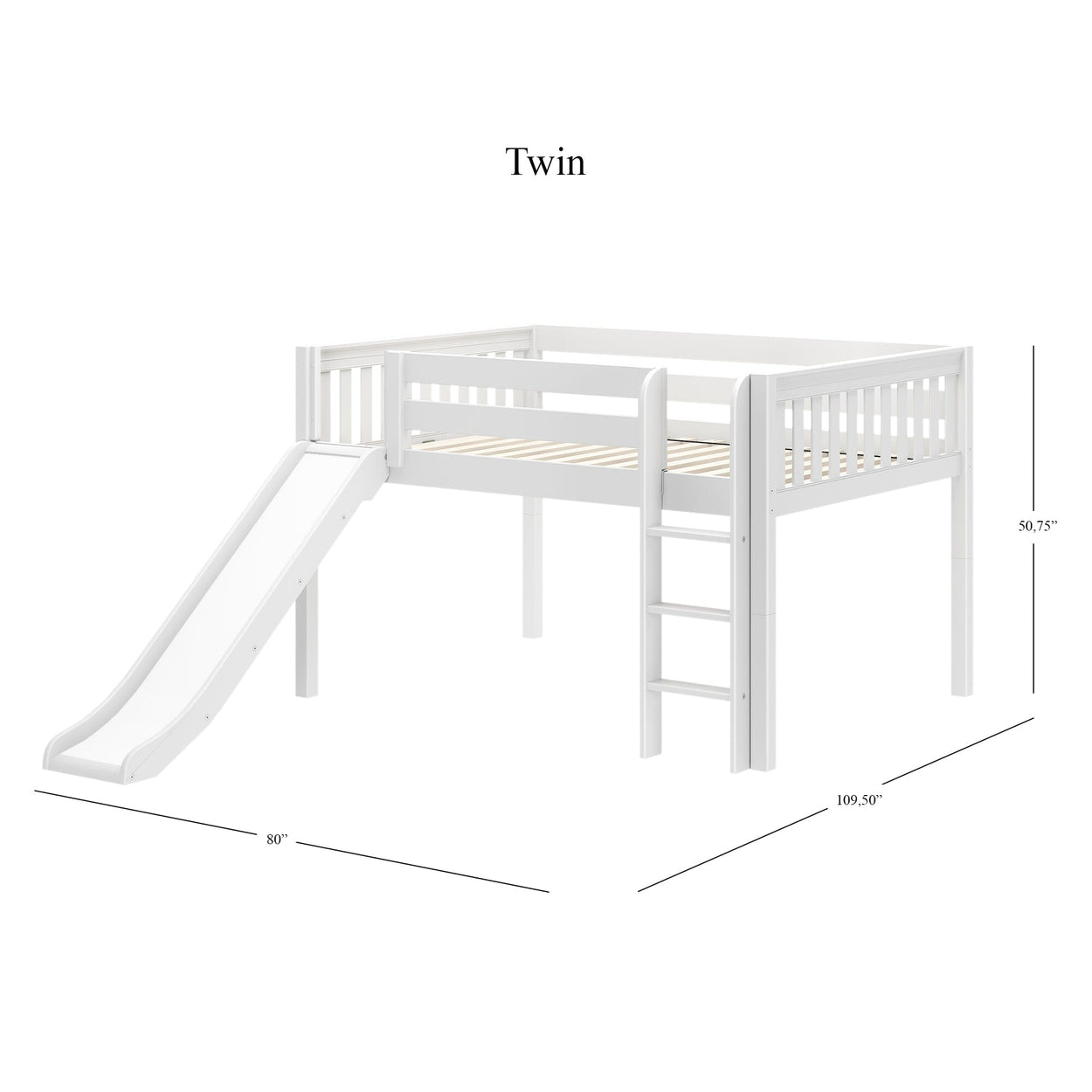 White twin loft bed with slide, ladder, and guardrails, measuring 80 inches long, 109.5 inches wide, and 50.75 inches high.