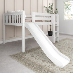 White loft bed with slide and ladder in modern children's bedroom.