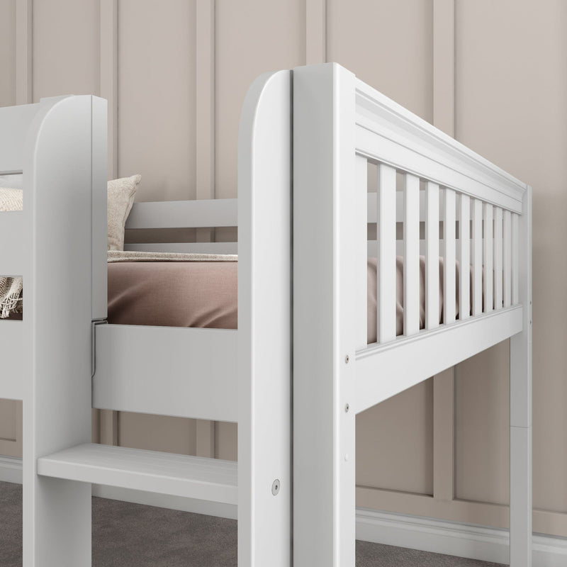 Close-up of white wooden bunk bed with vertical slats and ladder, taupe bedding against beige paneled wall in a modern kids' bedroom