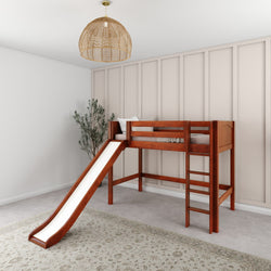 Wooden loft bed with slide and ladder in modern kids room.