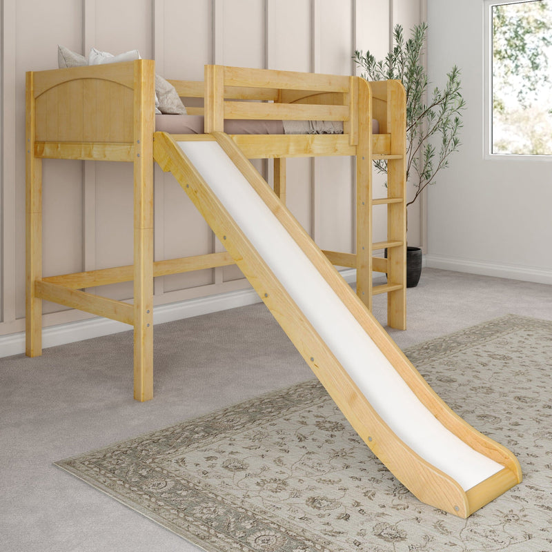 Natural pine kids loft bed with slide and ladder in a neutral modern children's bedroom with rug and plant