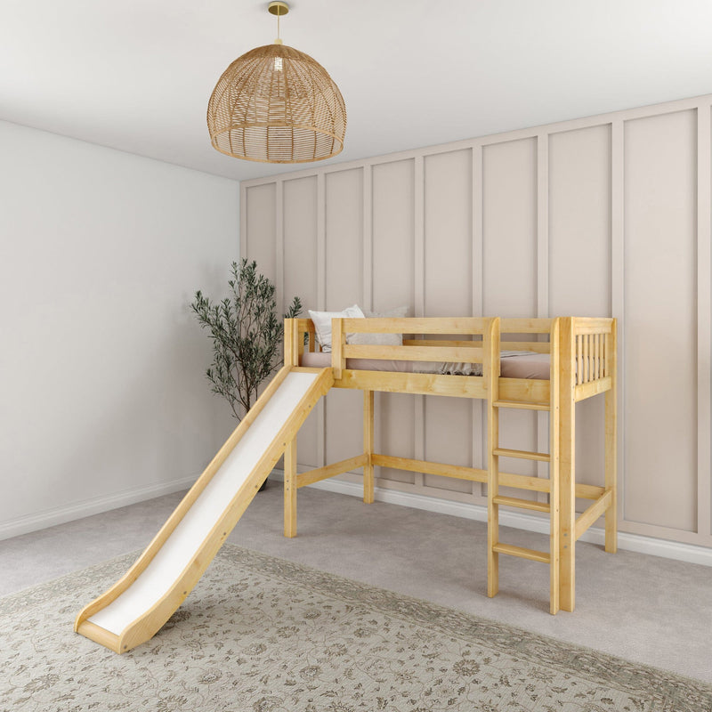 Natural wood kids loft bed with slide in neutral nursery interior featuring rattan pendant light, paneled accent wall and indoor plant