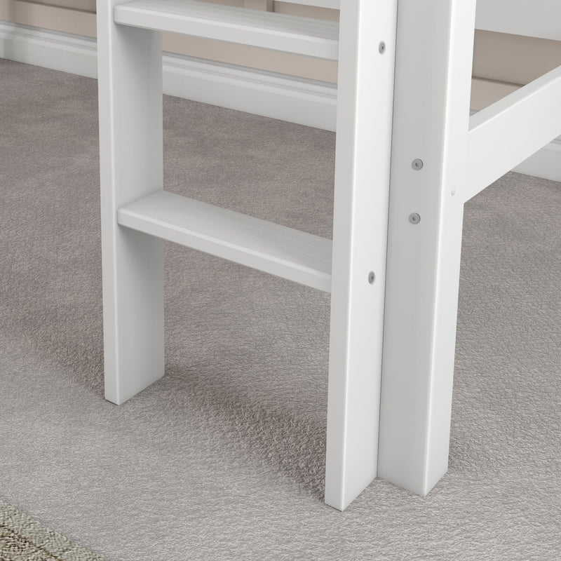 White wooden bunk bed ladder and side rails close-up on gray carpeted bedroom floor