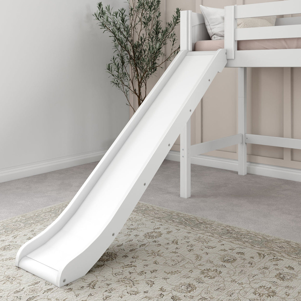 White loft bed with slide in modern children's bedroom, featuring beige walls and cozy carpet flooring.