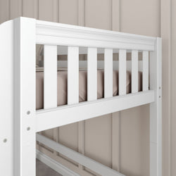 White wooden loft bed with protective guardrail and neutral bedding in a modern bedroom setting.