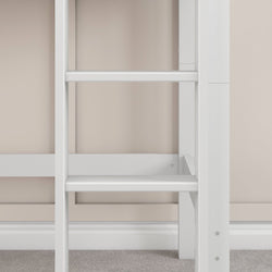 White wooden ladder against a beige wall and carpeted floor, minimalist interior design detail.