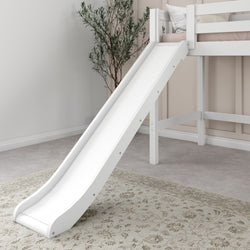 White children's loft bed with slide in a cozy bedroom setting, featuring a patterned rug and a decorative plant.