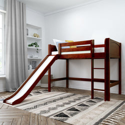 Kids' wooden loft bed with slide and ladder in a bright bedroom setting.