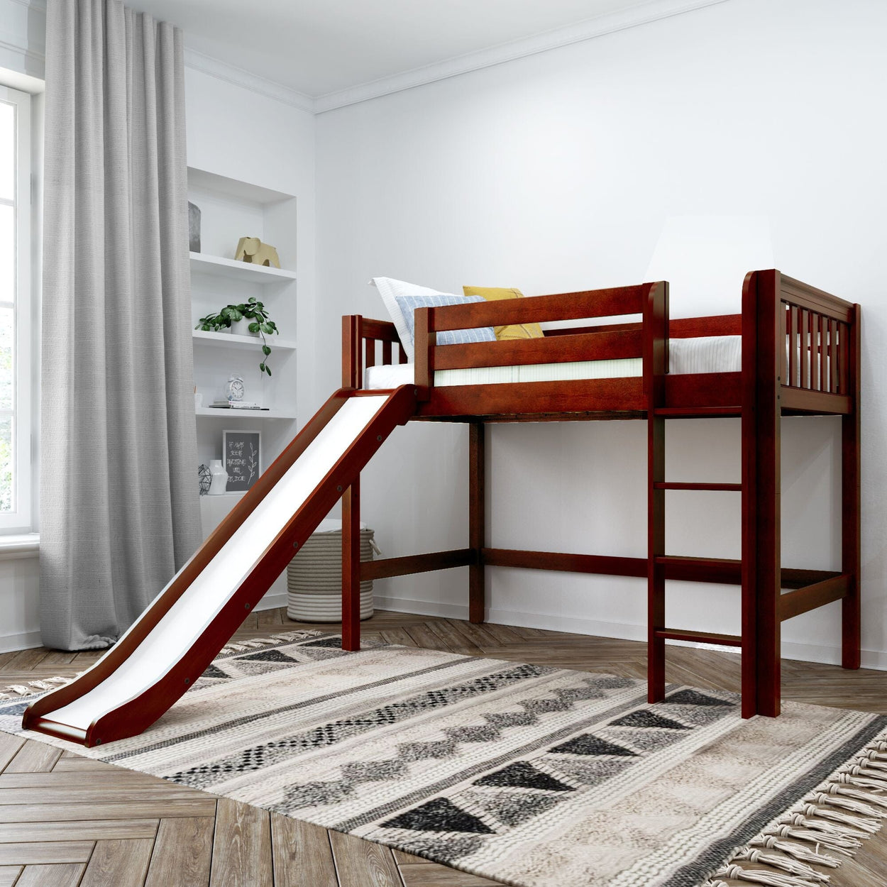 Wooden loft bed with slide and ladder in a modern children's bedroom.