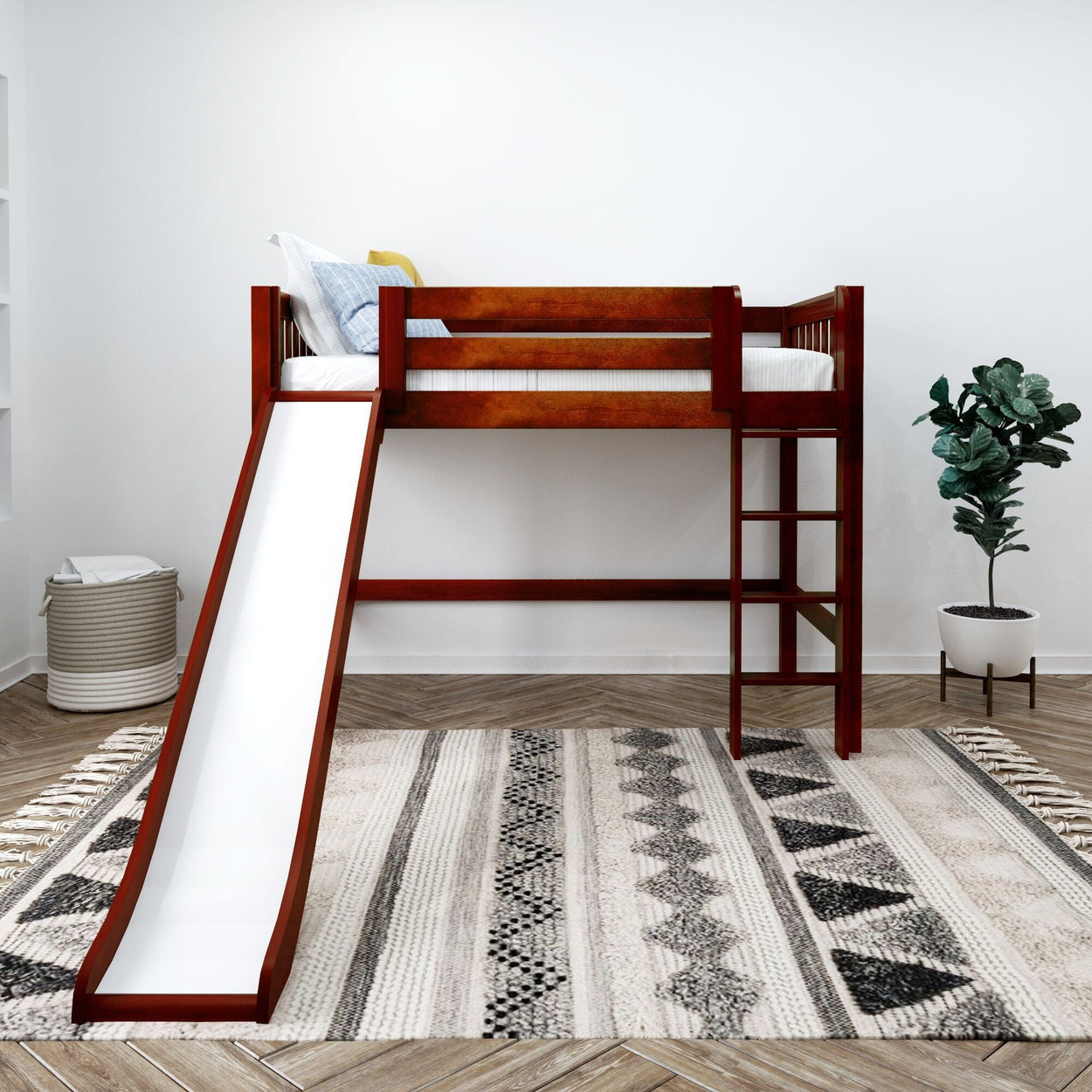Loft bed with slide and wooden ladder, featuring a modern design in a white minimalist bedroom setting with a decorative rug and potted plant.