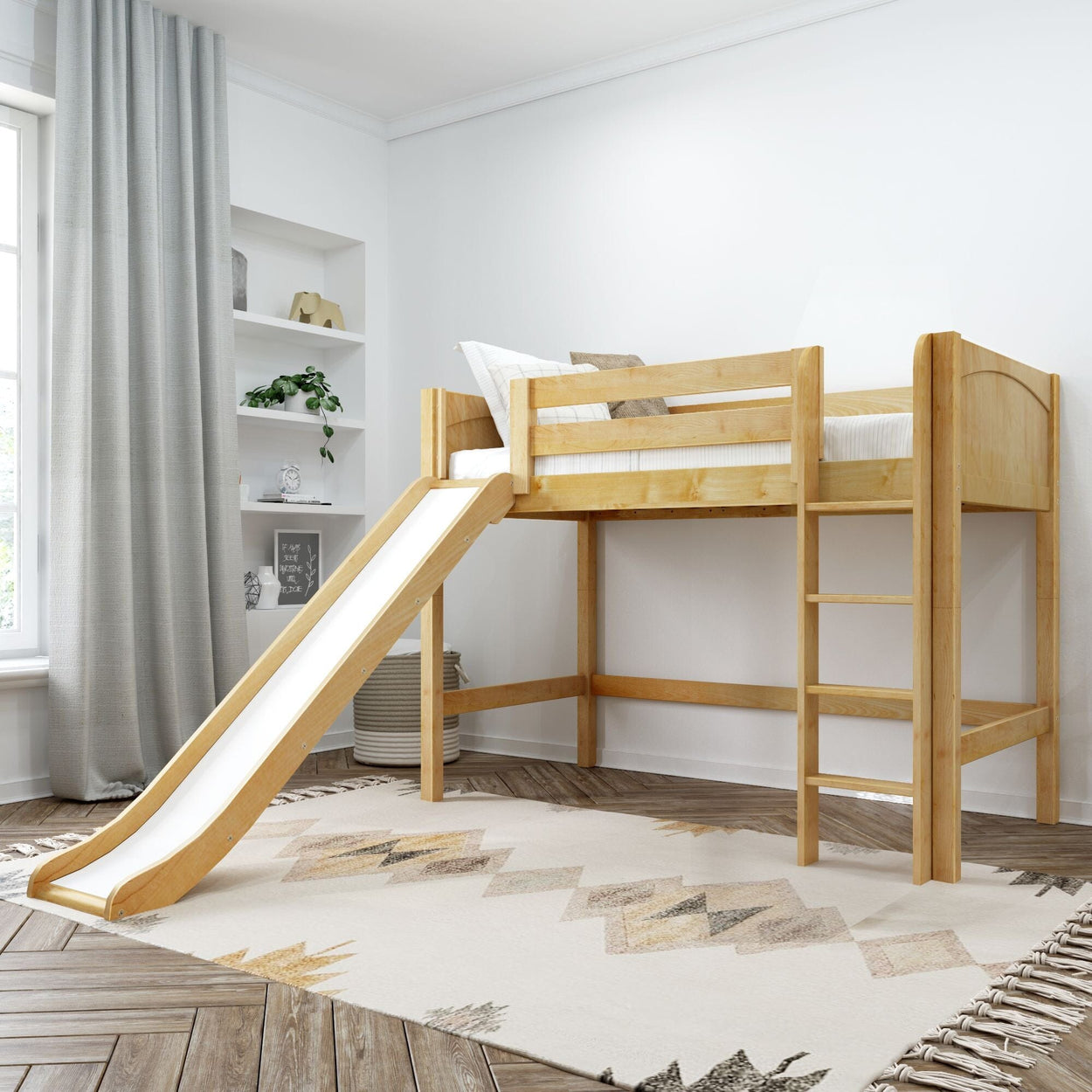 Wooden loft bed with slide and ladder in modern kids' bedroom.