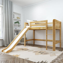 Loft bed with ladder and slide in a modern, bright children's room.