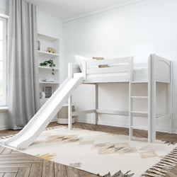 White loft bed with slide and ladder in a bright children's room with modern decor.