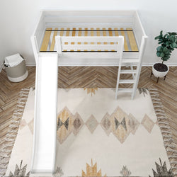 White loft bed with slide and ladder on a patterned rug in a modern children's bedroom.