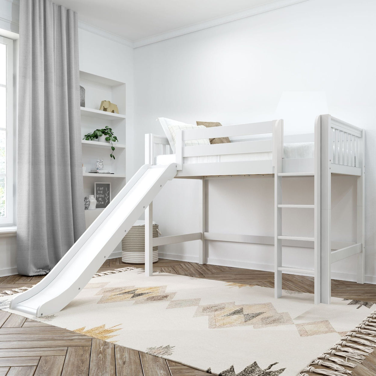 Loft bed with a slide in a modern children's bedroom featuring natural light and neutral decor.