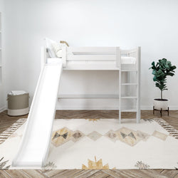 White loft bed with slide and ladder in a modern kids room with geometric rug and plants.