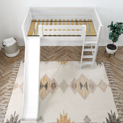 Children's white loft bed with slide and ladder on a patterned rug in a stylish bedroom setting.