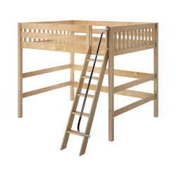 Wooden loft bed with attached ladder and safety rails for small spaces.