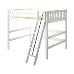 White wooden loft bed frame with ladder and railings, ideal for maximizing space in small bedrooms.