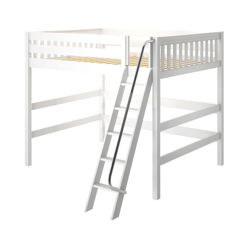 White wooden loft bed frame with slatted base, safety guardrail and angled ladder — space-saving kids' bunk bed