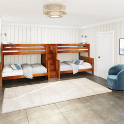 Cozy modern bedroom with twin wooden bunk beds, white and blue bedding, and a plush carpet on tiled flooring.