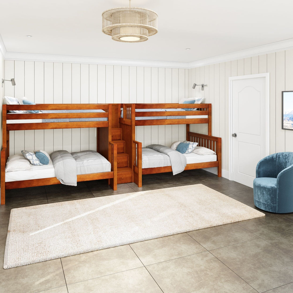 Cozy bedroom with wooden bunk beds, plush armchair, and modern lighting fixture.