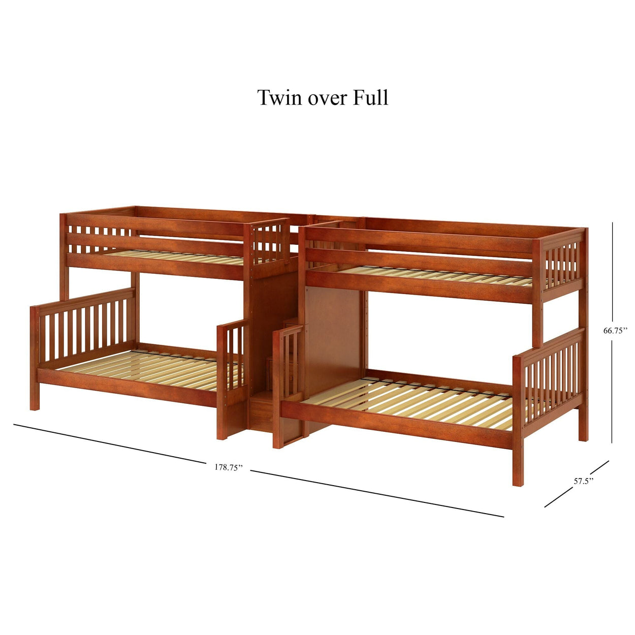 Twin over full wooden bunk bed with guardrails and ladder, dimensions 66.75 inches height, 178.75 inches length, 57.5 inches width.