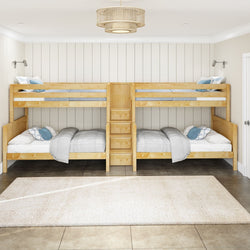 Four wooden bunk beds in a bright bedroom with modern decor and a beige rug.