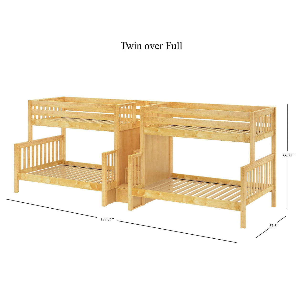 Wooden twin over full bunk bed with vertical ladder and detailed dimensions.