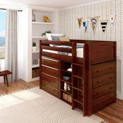 Wooden loft bed with built-in storage drawers and ladder in a modern bedroom setting.