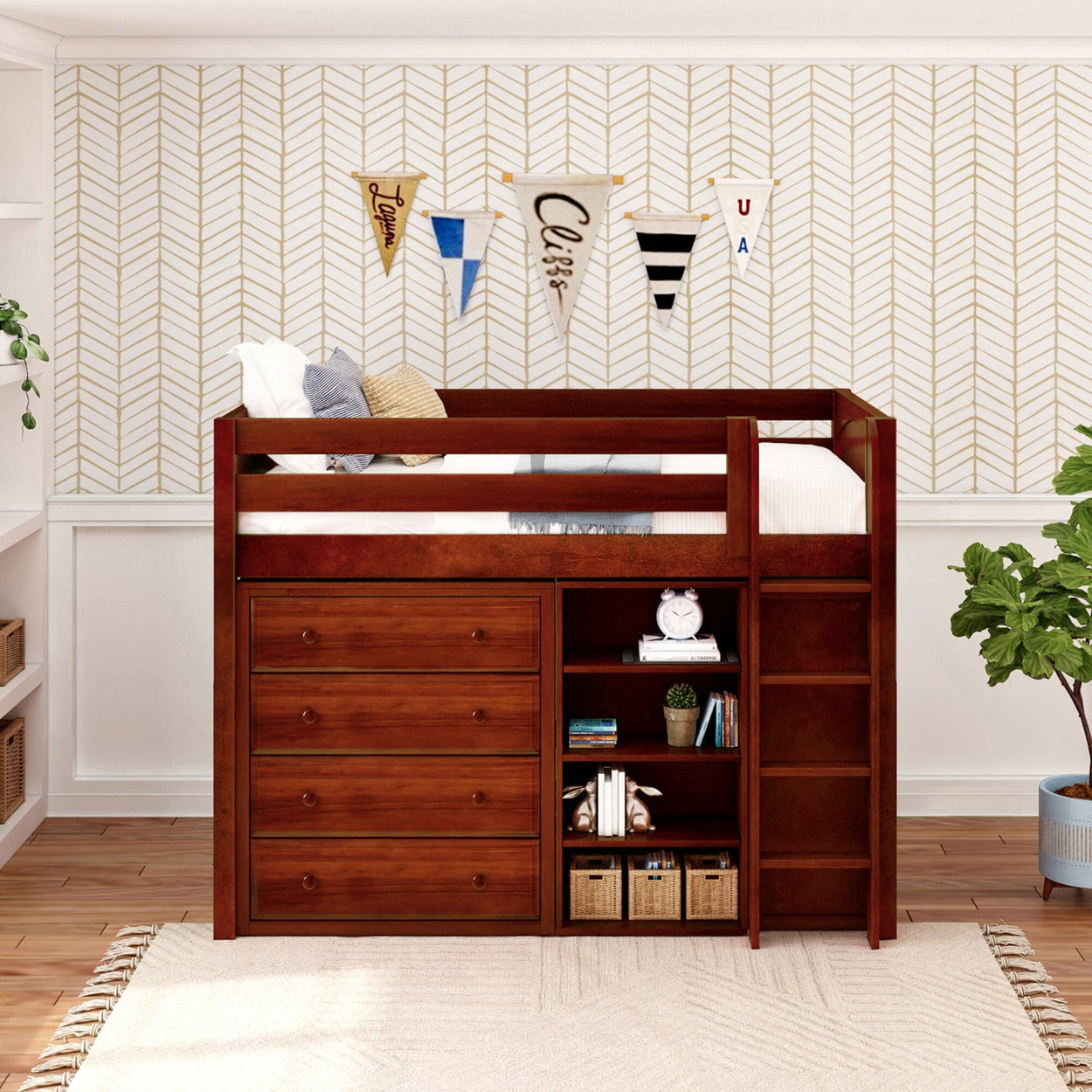 Mid-century modern kids' bedroom with wooden loft bed featuring built-in drawers and shelves, decorated with wall pennants and a potted plant.