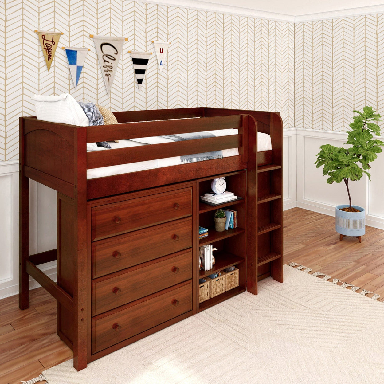 Loft bed with built-in storage and shelves in a modern bedroom.