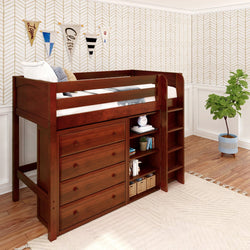 Loft bed with built-in storage and shelves in a modern bedroom.