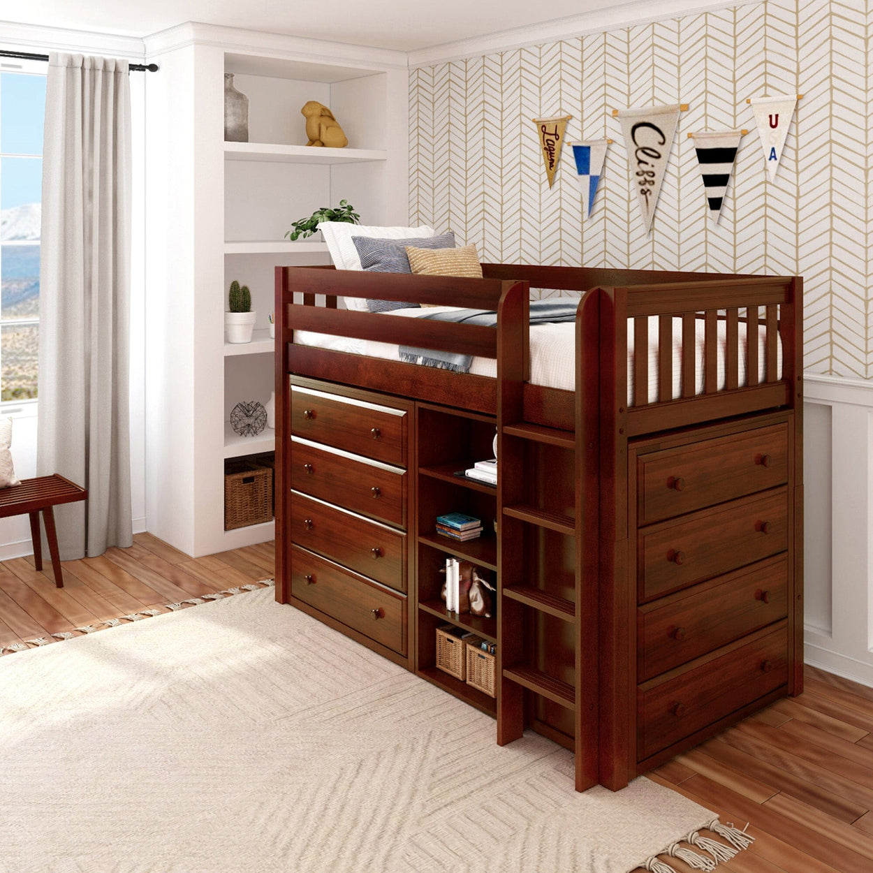 Kid's room featuring a wooden loft bed with built-in drawers and ladder, modern decor, and natural light.