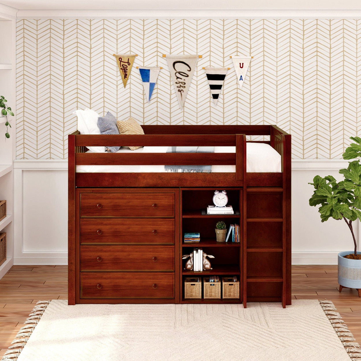 Wooden loft bed with built-in storage drawers and bookshelves in a modern bedroom setup.