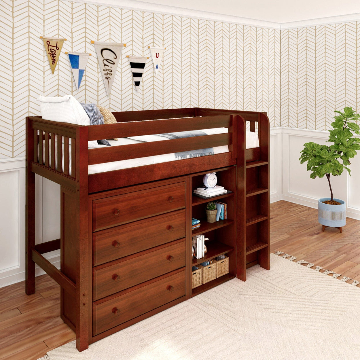 Wooden loft bed with built-in storage drawers and ladder in a modern kids' bedroom.