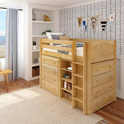 Wooden loft bed with built-in storage drawers and ladder in a modern bedroom setting.
