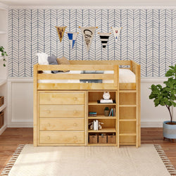 Wooden loft bed with storage drawers and bookshelf in a modern kids' bedroom.