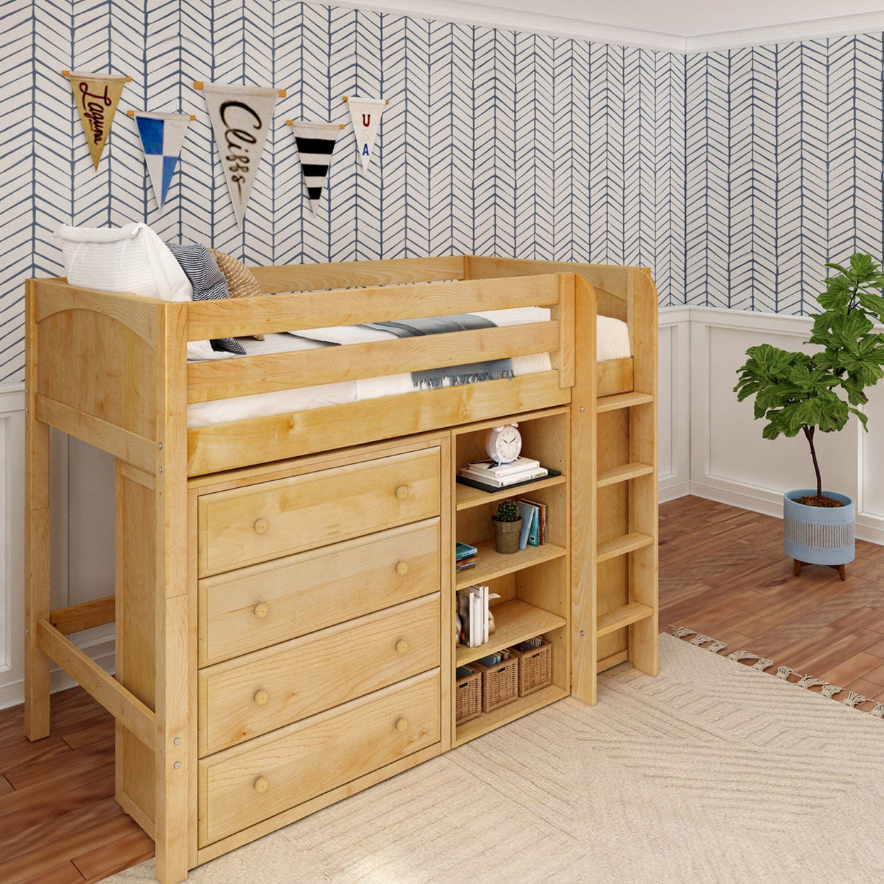 Wooden loft bed with built-in drawers and shelves in a modern kids' room.