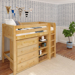 Wooden loft bed with built-in drawers and shelves in a modern kids' room.