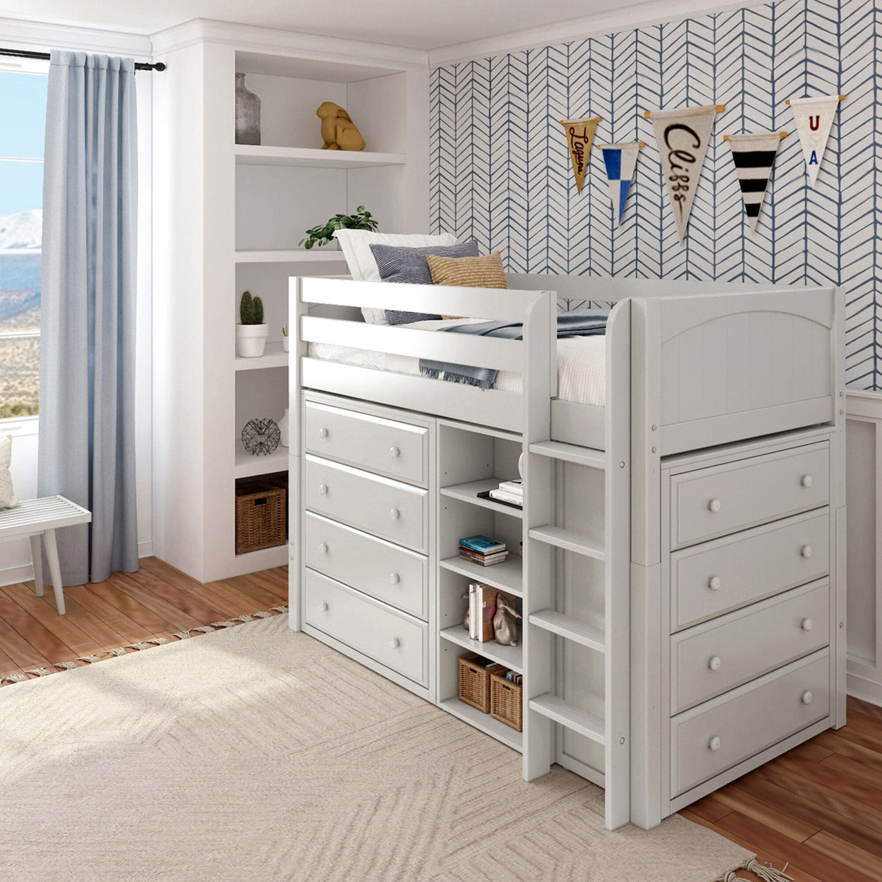 White loft bed with built-in storage and ladder in a modern kids' room with patterned wallpaper and wooden flooring.