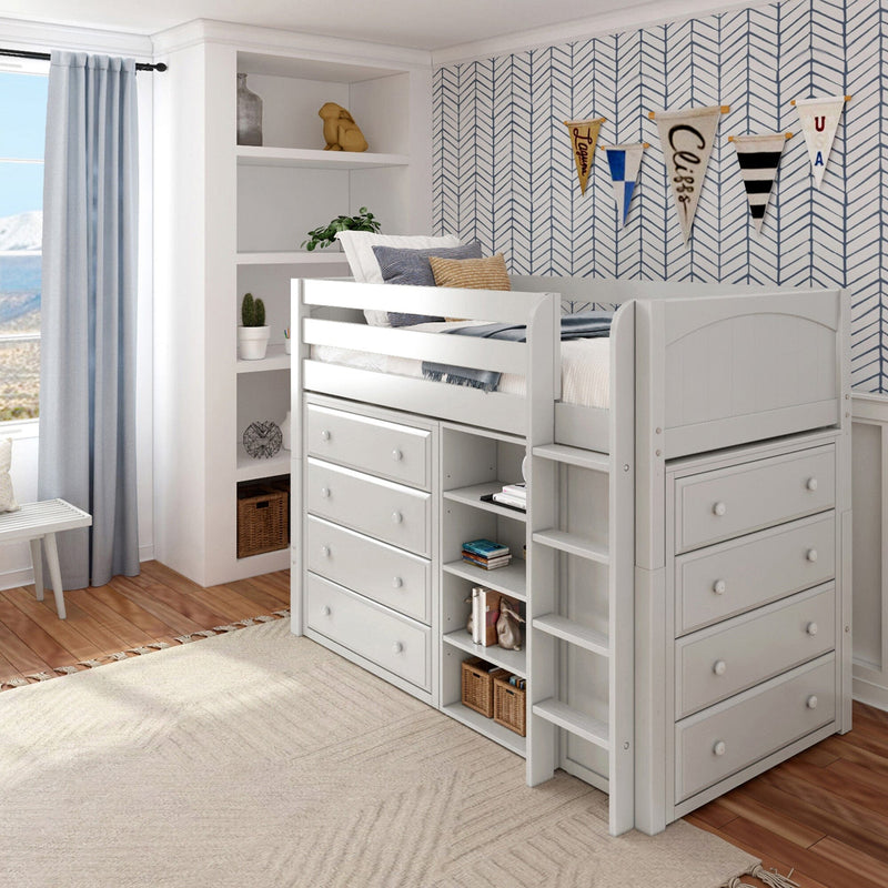 White loft bed with built-in drawers and shelving in a coastal kids' bedroom featuring blue chevron wallpaper, pennant banners, light gray curtains and hardwood floor